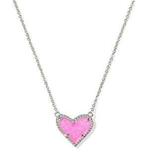 Kendra Scott Ari Heart Adjustable Length Pendant Necklace for Women, Fashion Jewelry(RHODIUM – HOT PINK DRUSY)