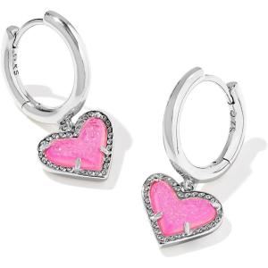 Kendra Scott Ari Heart Huggie Earrings for Women, Fashion Jewelry(RHODIUM – HOT PINK DRUSY)