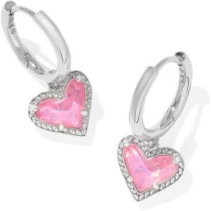Kendra Scott Ari Heart Huggie Earrings for Women, Fashion Jewelry(RHODIUM – PINK IRIDESCENT GLITTER GLASS)